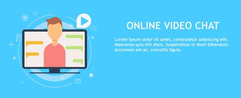 Online video chat with man. Vector flat banner