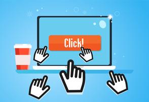 Clickbait. Cursors of the hand fly to the laptop, press the button. Digital Marketing. Vector flat illustration