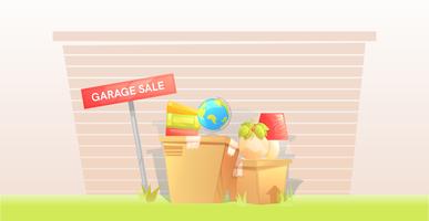 Garage sale, sign with box near a door. Outside the house. Selling things before the move. Let's moving cartoon illustration vector