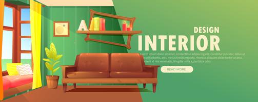 Interior design banner. Retro living room with a sofa and modern furniture  vector