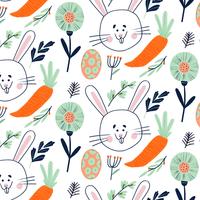 Cute Easter Pattern With Bunny, Egg, Carrot And Floral Elements  vector