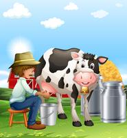 Farmer milking a cow at daytime vector
