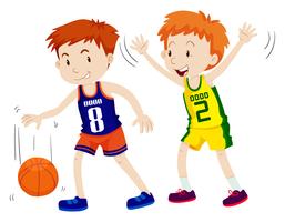 Dos niños jugando baloncesto vector