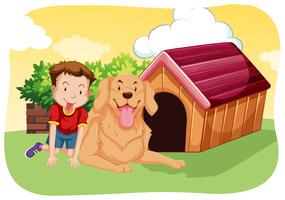 Niño y perro en la hierba vector