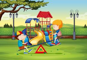 Boys playing on seesaw in the park vector