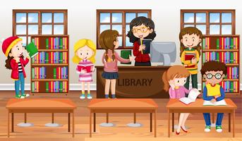 Children reading books in library vector