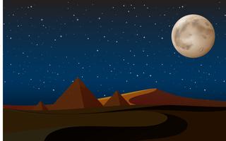 Escena del desierto con pirámides en la noche. vector