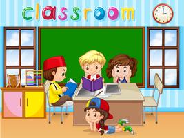 Cuatro niños estudiando en el aula vector