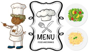 Male chef and different food on menu vector