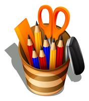 A topview of the school supplies in a container vector