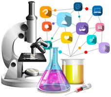 Microscope and glass beakers vector