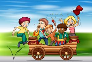 Children playing instruments on the wagon vector