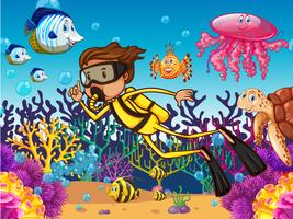 Diver diving underwater with many sea animals vector