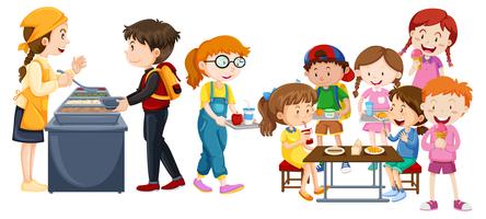 Children eating at cafeteria vector