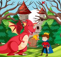 A king and dragon at castle vector