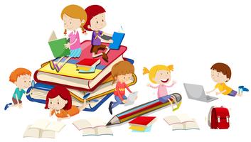 Children reading books together vector