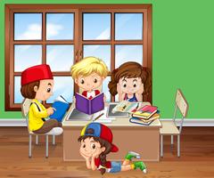 Children reading books in the classroom vector