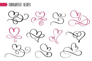 Conjunto de corazones de caligrafía incompletos dibujados a mano vector