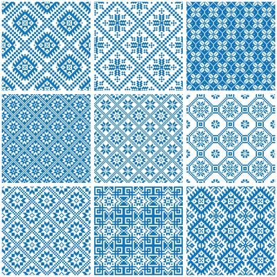 blue and white ornamental ethnic seamless patterns