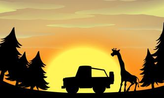 Silhouette nature scene with giraffe and jeep vector