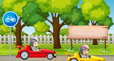 Park scene with kids racing car vector