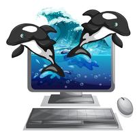 Two dolphines jumping out of computer screen vector