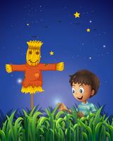 A boy at the farm with a scarecrow vector