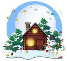 Casa de madera y muñeco de nieve en navidad. vector