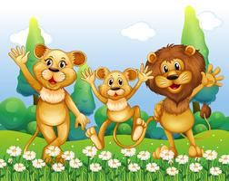 Lion family standing in the flower field vector
