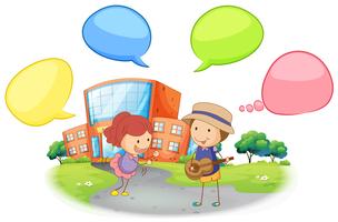 Student infront of school with speech balloon vector