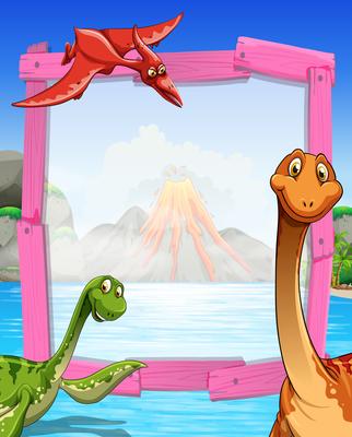 Frame design with dinosaurs at the lake