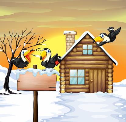 Log home and toucans in winter snow