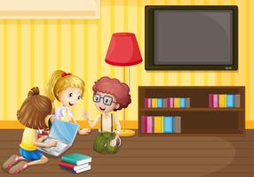 Three kids working on computer at home vector