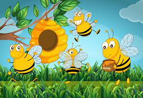 Four bees flying around the beehive vector