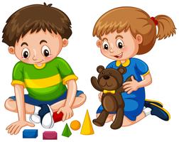 Niño y niña juegan juguetes vector