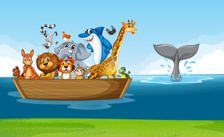 Wild animals riding on wooden boat vector