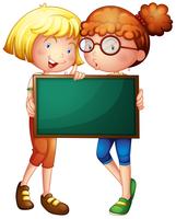 Two girls holding a green board vector