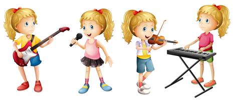 Cuatro niñas tocando instrumentos musicales.