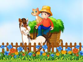 A farmer riding horse cart vector