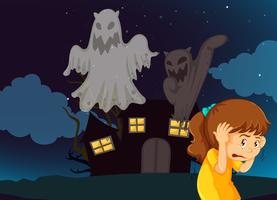 Chica asustada de casa embrujada con fantasmas.