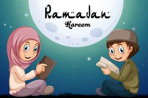 Niño musulmán y niña leyendo libros vector