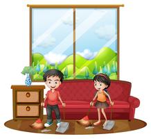 Two kids sweeping the floor vector