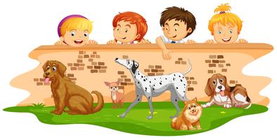 Children looking at dogs over the wall vector