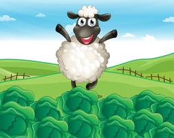Una oveja sobre la colina con una granja vector