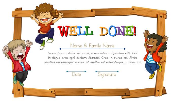 Certificate template with kids and wooden frame