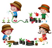 Cuatro niños regando y plantando árboles. vector