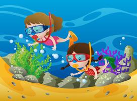 Two girls diving under the ocean vector