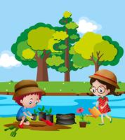 Niño y niña plantando árboles por río vector