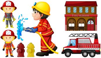 Firefighters and fire station vector