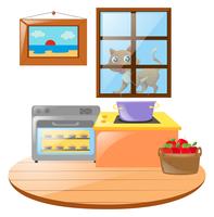 Escena de cocina con gato fuera de la ventana. vector